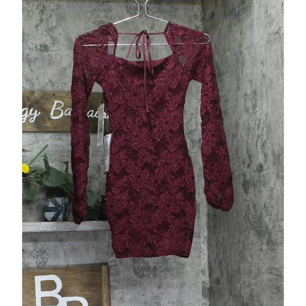NWT Emerald Sundae Glitter Lace Bodycon Open Back Mini Dress Dark Red 2XS